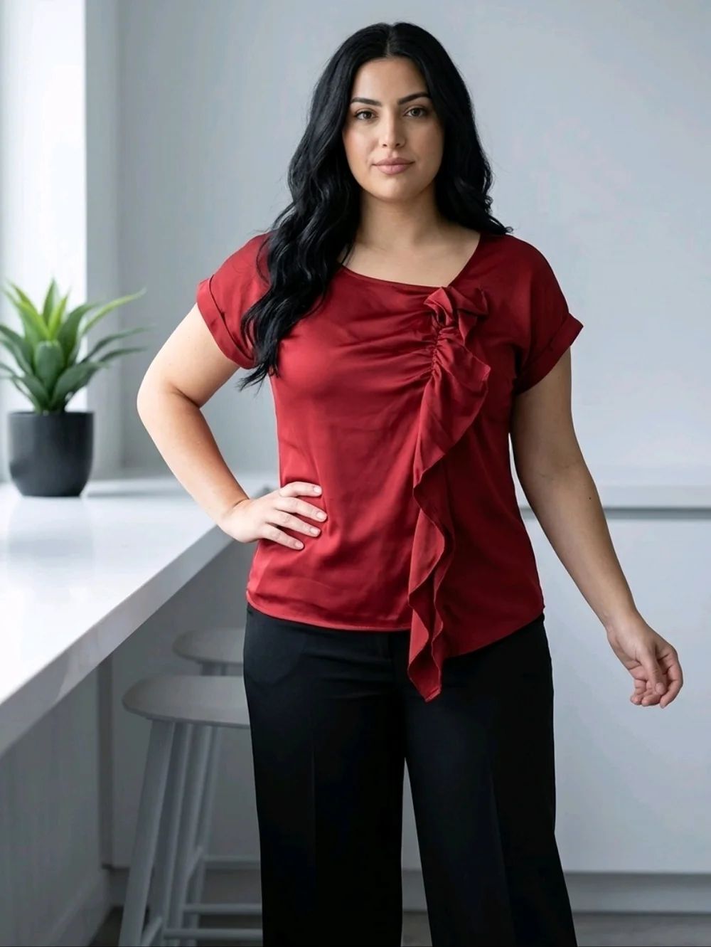 🔺️NWT Calvin Klein Burgundy Ruffle Front Top Small